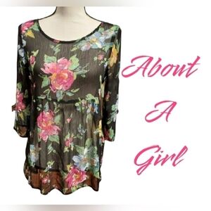 𝅺about a Girl blouse Black floral Sheer womens size small